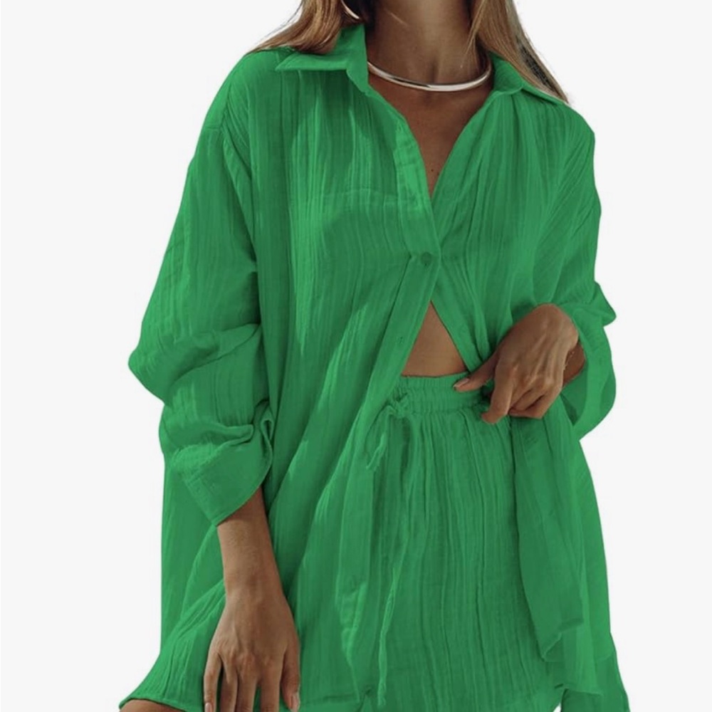 Vibrant Green Button-Up Shirt and Shorts Set